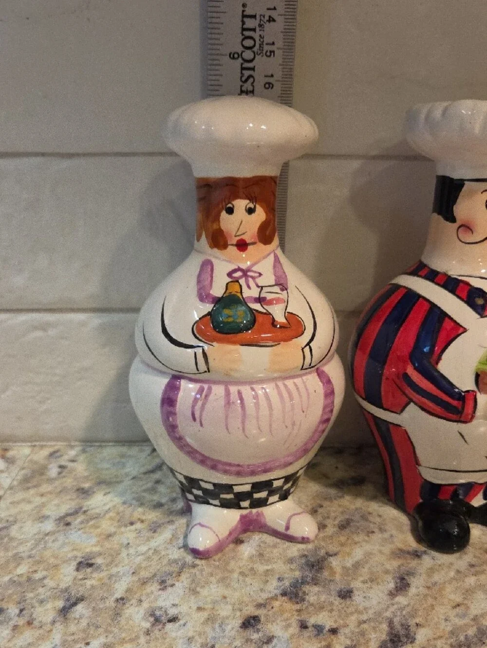 Whimsical Chef Salt and Pepper Shakers - White with Purple & Red Accents